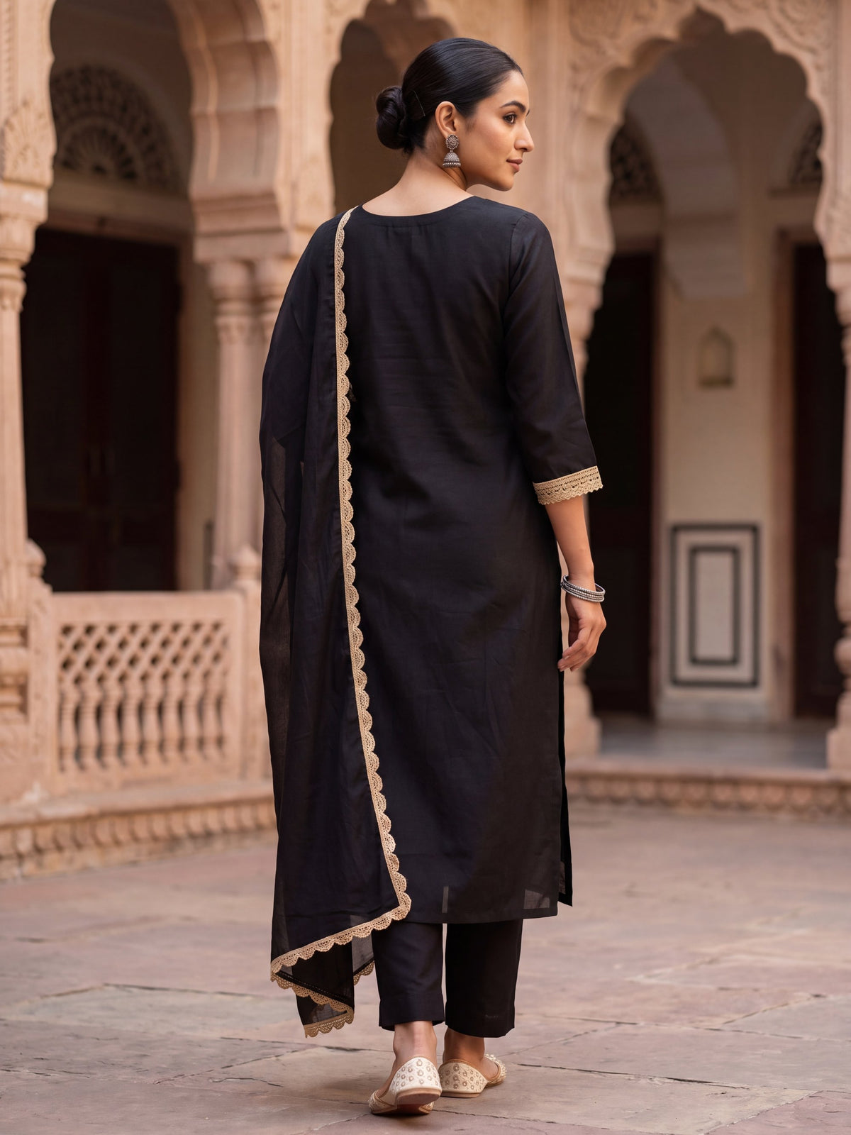 Noor black tissue-silk kurta set, back view