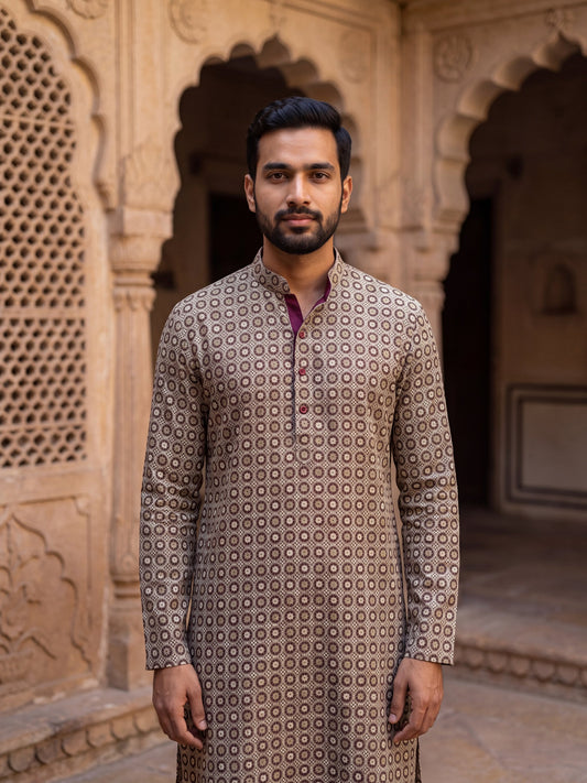 Kabir taupe medallion-print kurta, collar and print detail