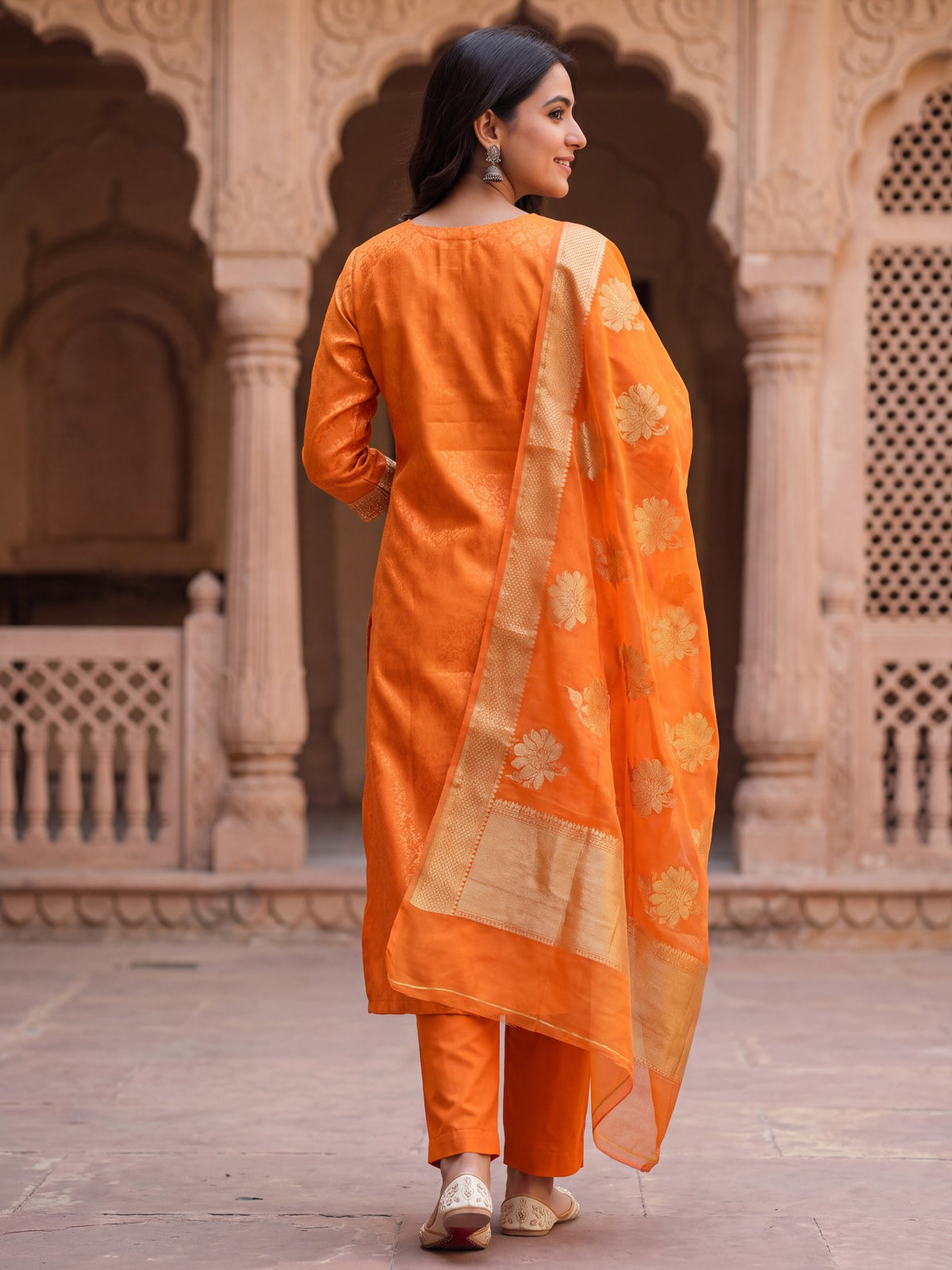 Noor orange brocade kurta set, back view