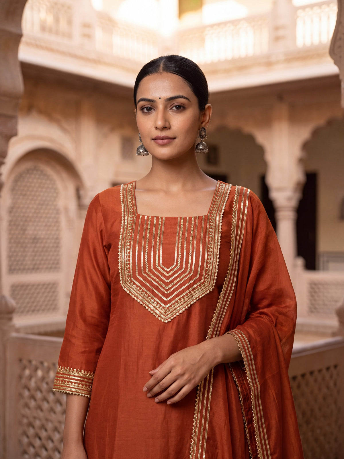 Noor rust tissue-silk kurta set, detail view