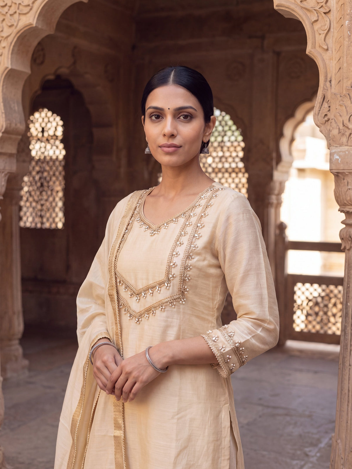 Noor cream tissue-silk kurta set, detail view