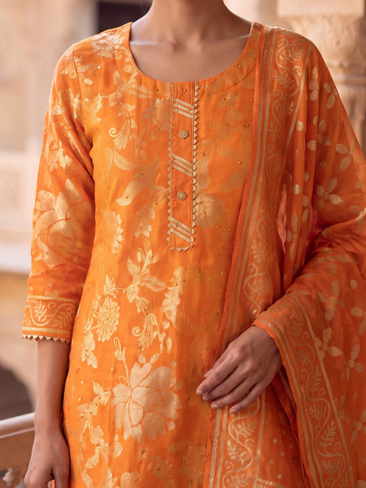 Sahar orange brocade kurta set, detail view