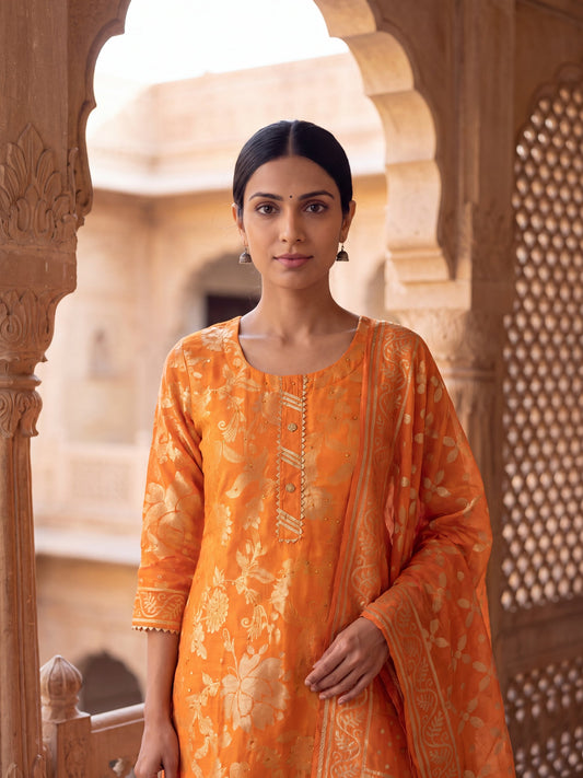 Noor orange brocade kurta set, detail view