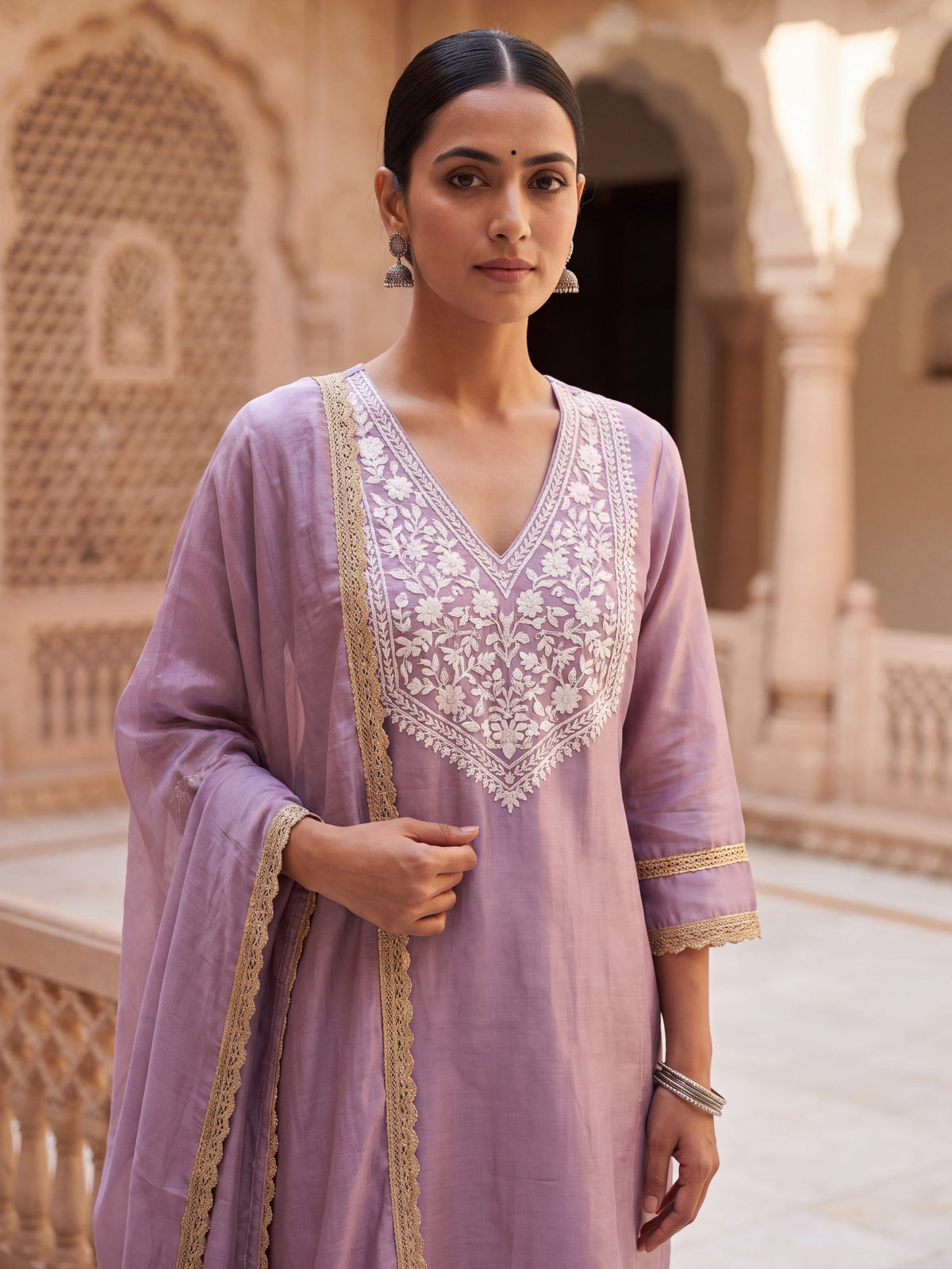 Noor lavender chanderi kurta set, detail view