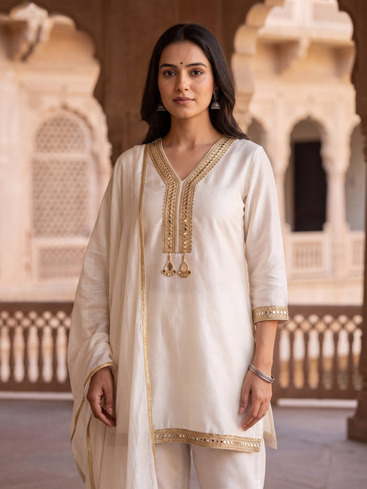 Noor ivory organza short kurta set, detail view