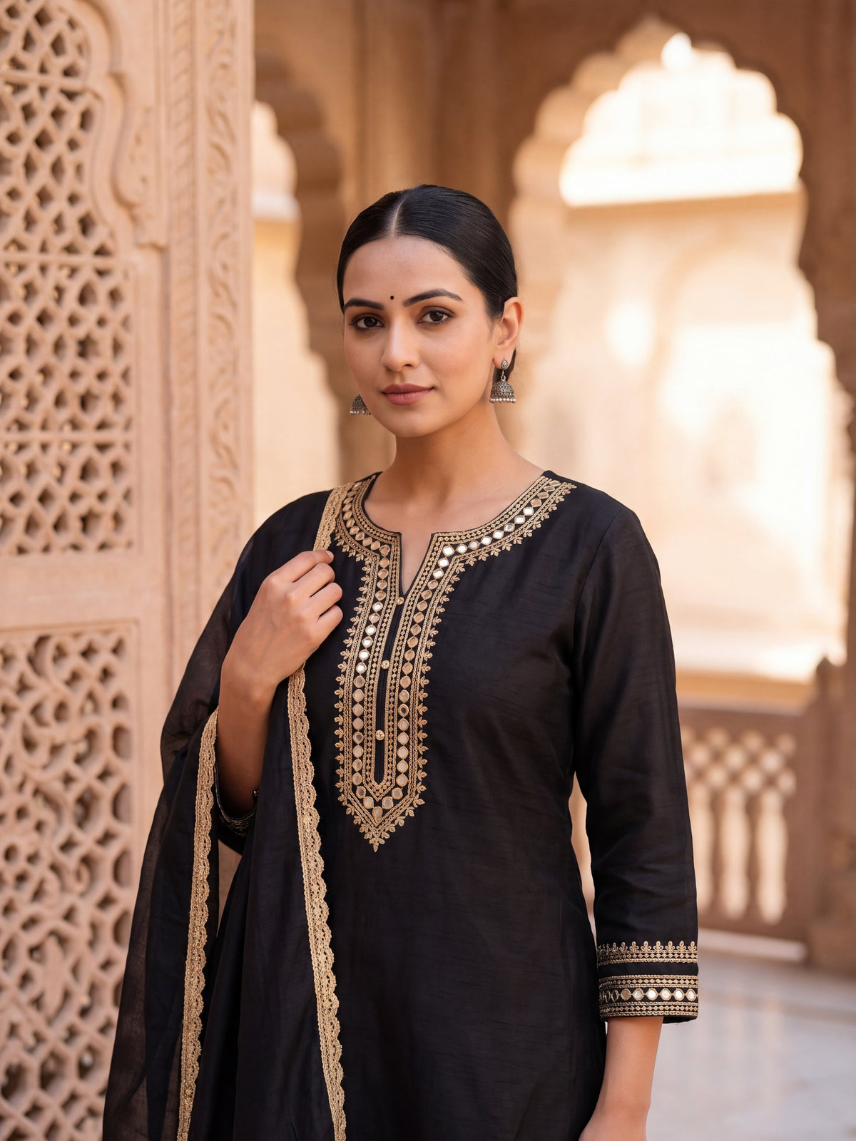 Noor black tissue-silk kurta set, detail view