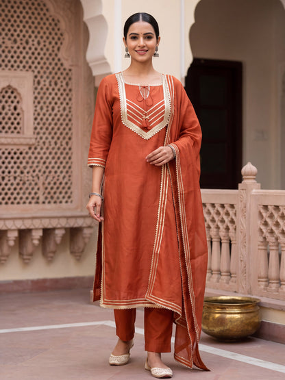 Noor rust tissue-silk kurta set, front view