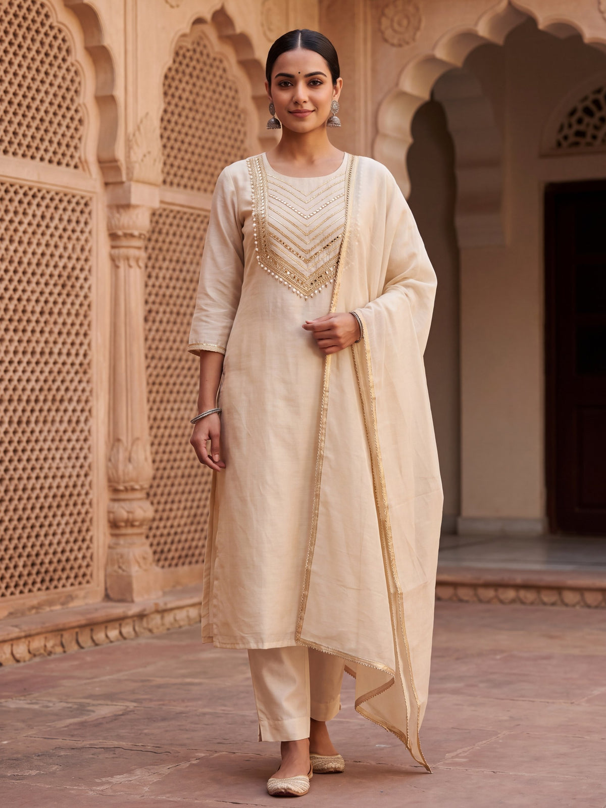 Noor cream tissue-silk kurta set, front view