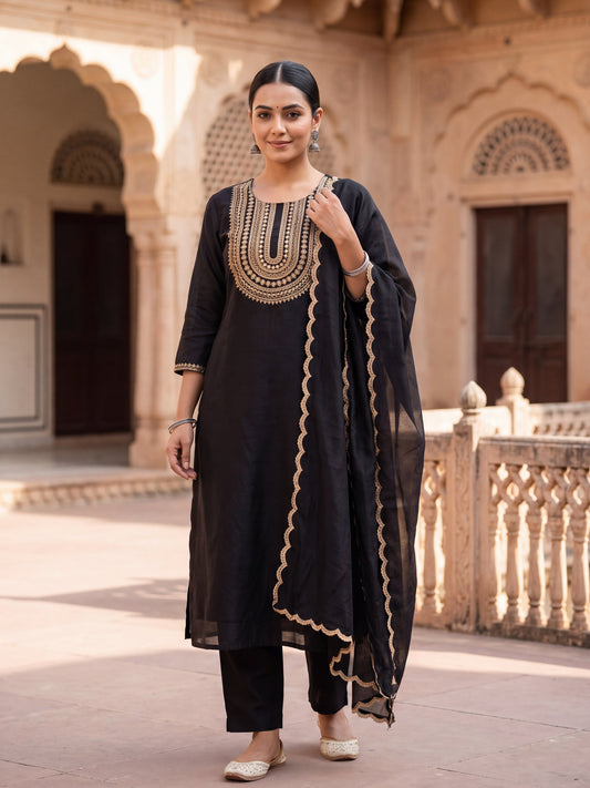 Noor black tissue-silk kurta set, front view
