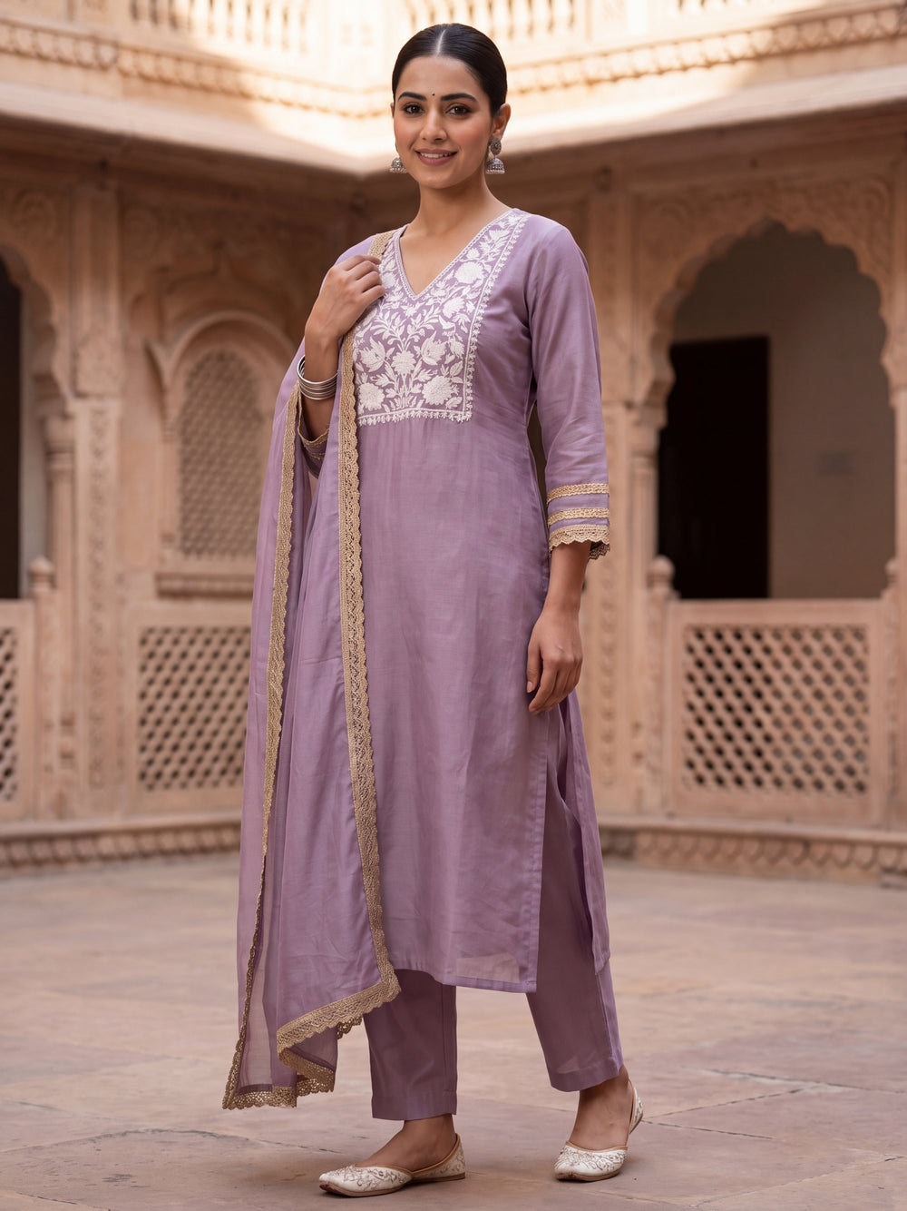 Noor lavender chanderi kurta set, front view