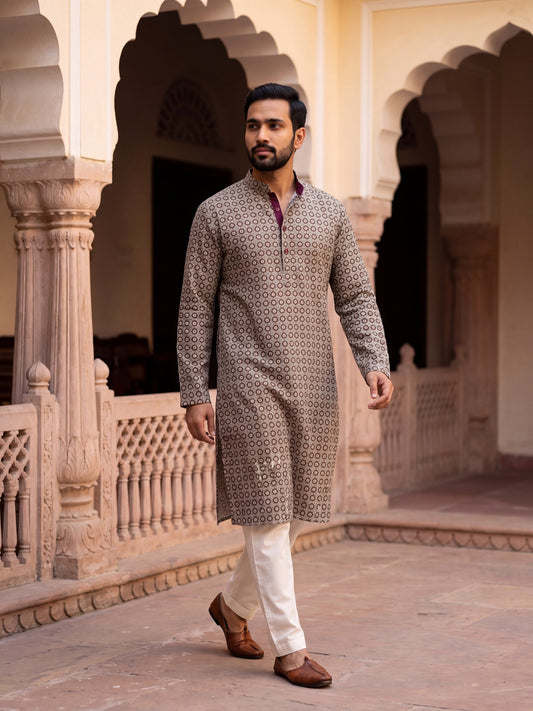 Kabir taupe medallion-print kurta, full length view