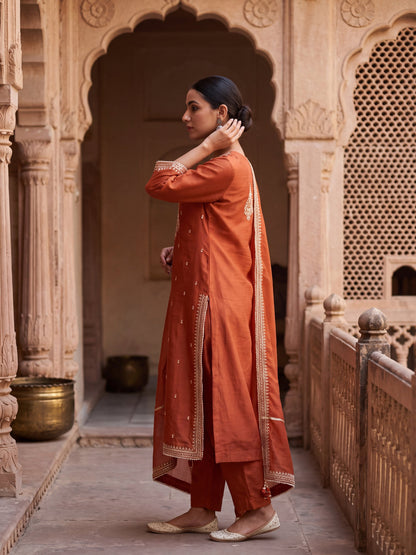 Noor rust tissue-silk kurta set, side view