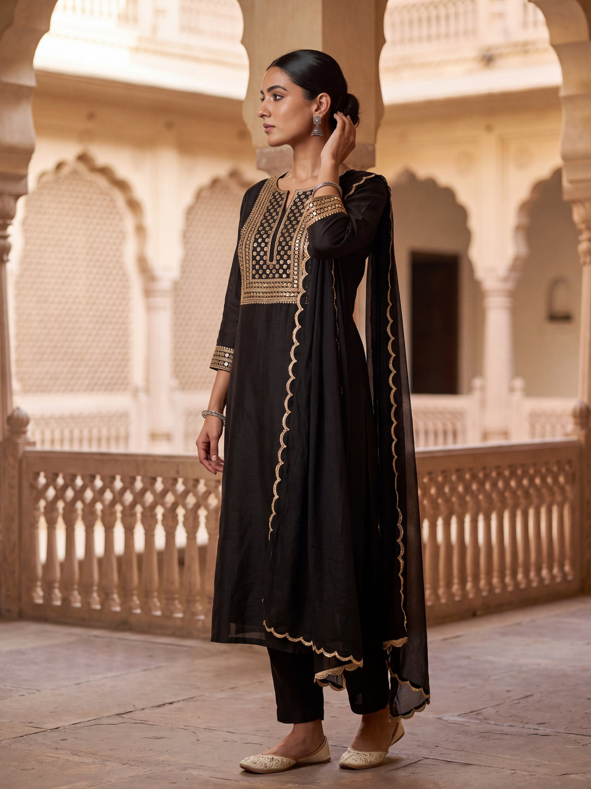 Noor black tissue-silk kurta set, side view