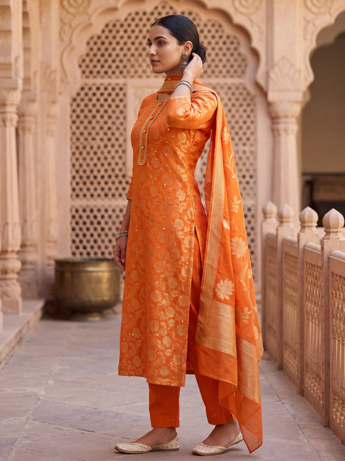 Noor orange brocade kurta set, side view