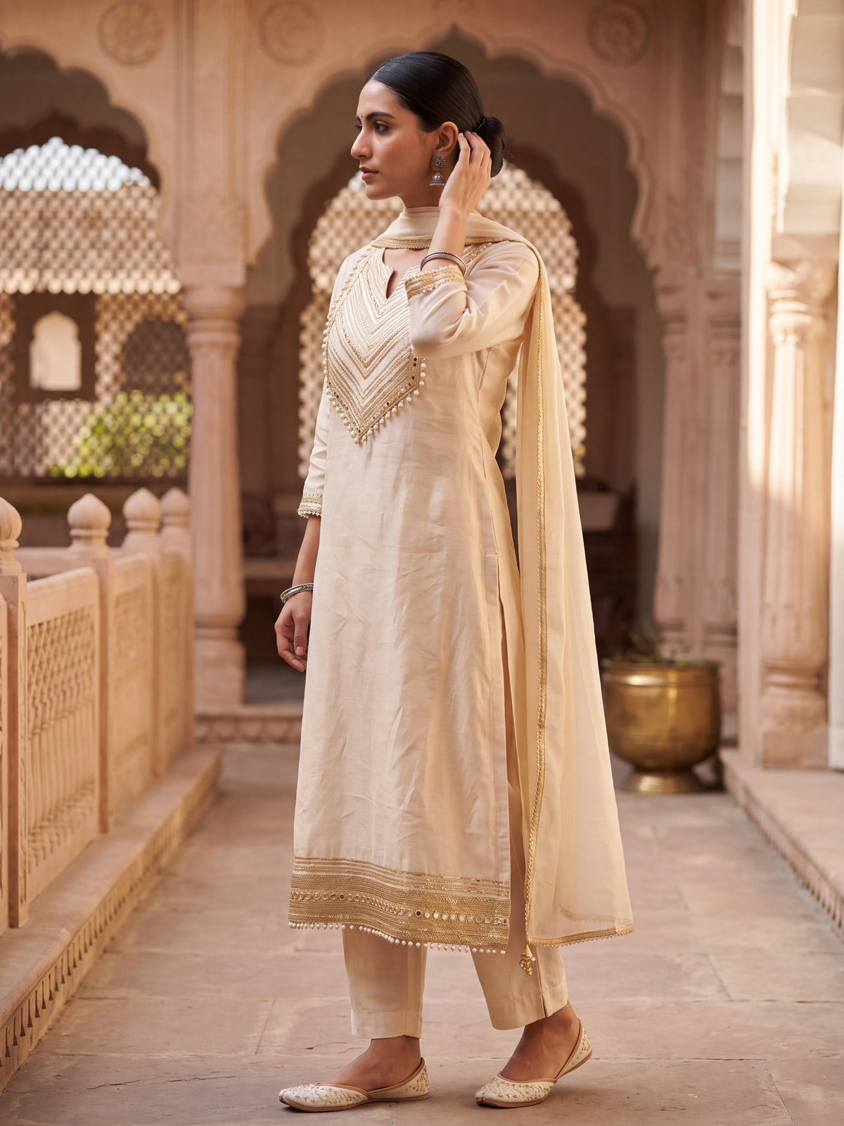 Noor cream tissue-silk kurta set, side view
